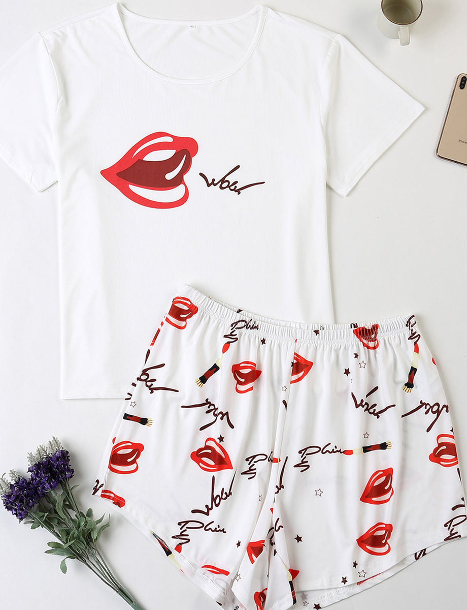 Plus Size Cute Pajamas Set Women's Plus Kiss Lips Print - Temu