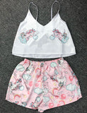 Cute Satin Pattern Cami Shorts Pajamas Set For Women